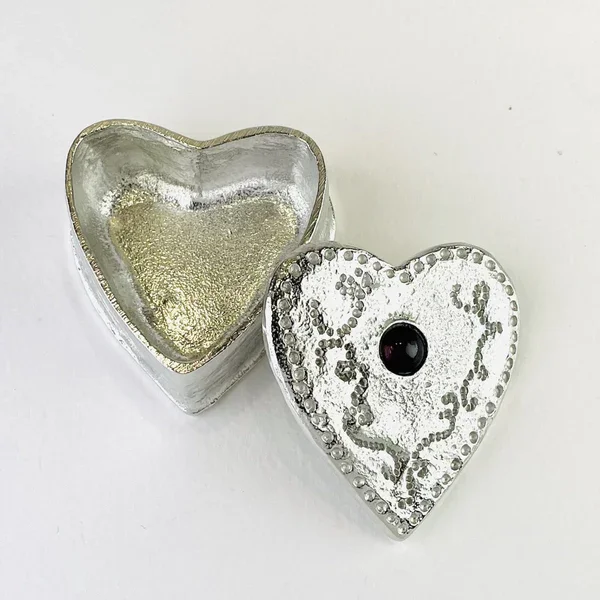 English Pewter Heart Trinket Box with Amethyst Stone