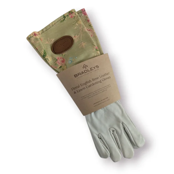 Floral English Linen and Leather Gloves - Green/Small