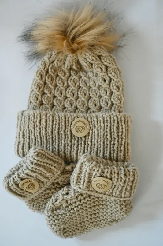 Hand Knitted Grey Bobble Hat and Bootees - 3-9m