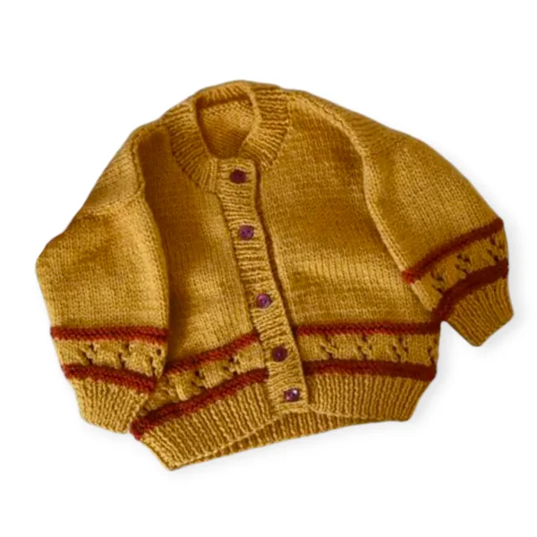 Hand Knitted Mustard Cardigan with Rust Contrast 6 Months