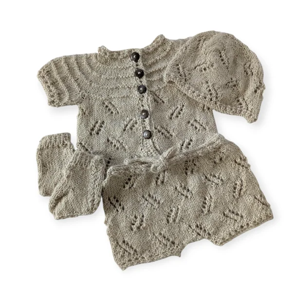 Pure 100% Baby Alpaca Home From Hospital Set with Jumper, Dungarees, Hat and Bootees in Sand 0-3m