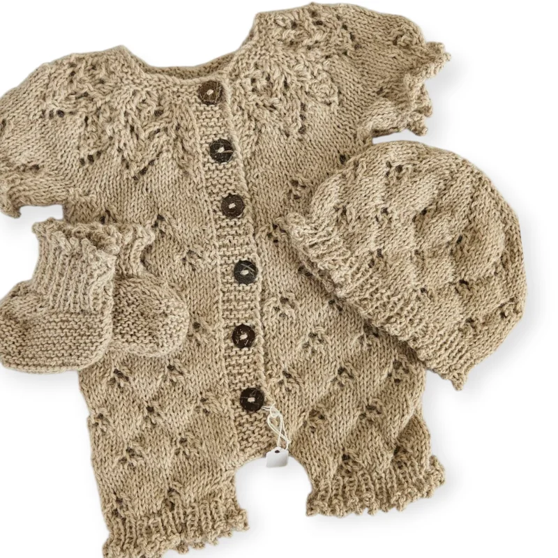 Pure 100% Beige Baby Alpaca Romper, Hat and Bootees Set 0-3 months